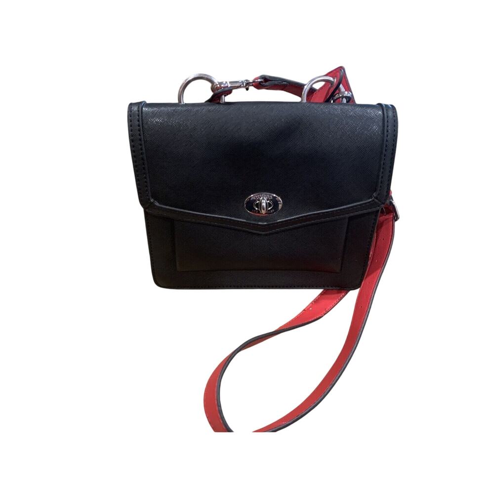 Guess Los Angeles Womens Black Purse Red Shoulder Strap Silver Hardware
